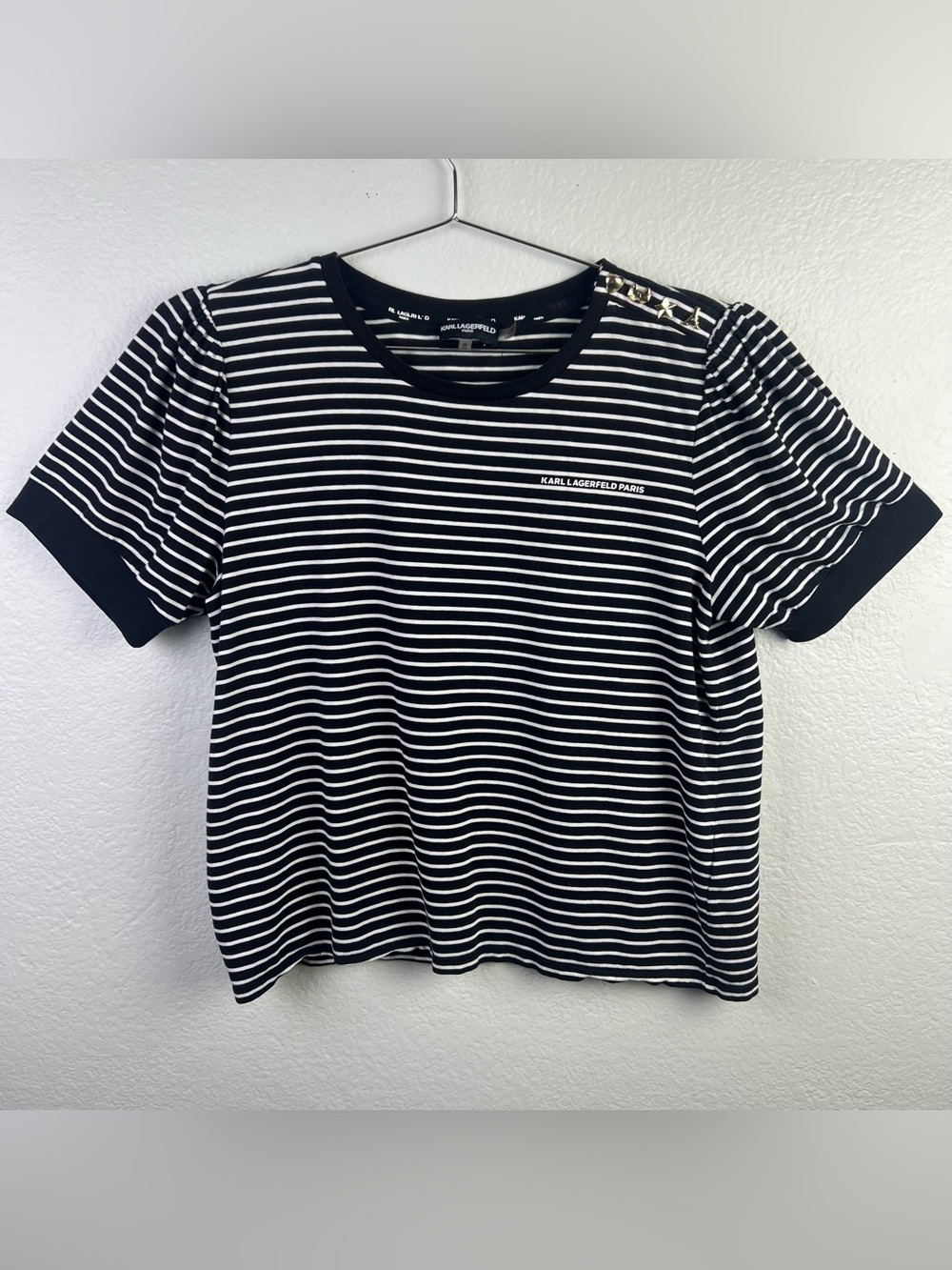 Karl Lagerfeld Paris Women Black Striped Short Sleeve Top Shirt XL